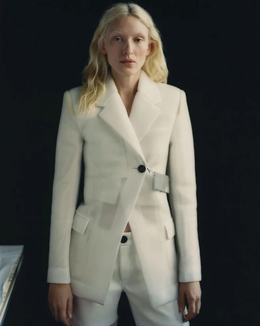 Fashion portrait of a woman in a white blazer and shorts against a dark background. Studio lighting highlights the clothing details.