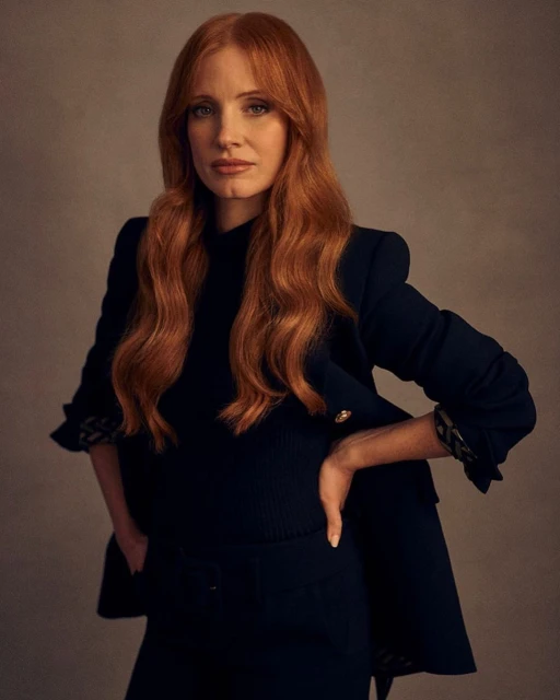 Jessica Chastain poses in a dark blazer and matching pants in a portrait, showcasing her long red hair and stylish attire.