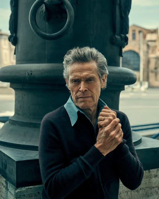 Portrait of older man, Willem Dafoe, with grey hair, posing outdoors near a large stone fountain and building in soft, diffused light.