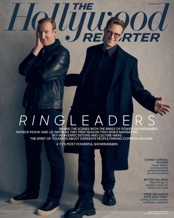 Magazine cover featuring Patrick McKay and J.D. Payne of 'The Hollywood Reporter' in dark professional attire and dress shoes.