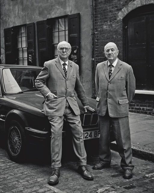 Two older men in suits stand beside a vintage car on a cobblestone street near a brick building with window shutters in a black-and-white photo.