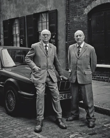 Two older men in suits stand beside a vintage car on a cobblestone street near a brick building with window shutters in a black-and-white photo.