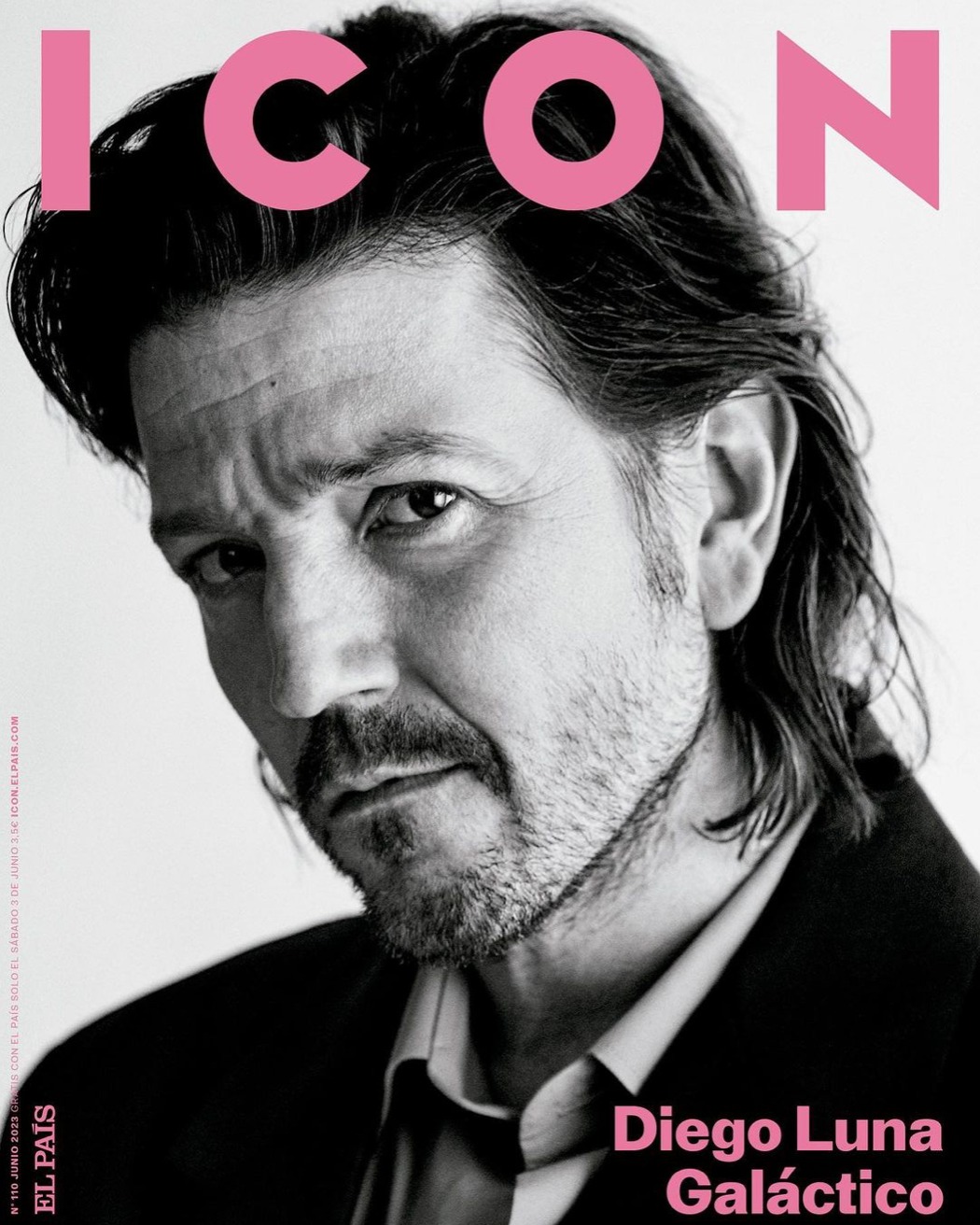 Headshot of Diego Luna on magazine cover with ICON and EL PAÍS logos; the portrait is in black and white and features pink text.