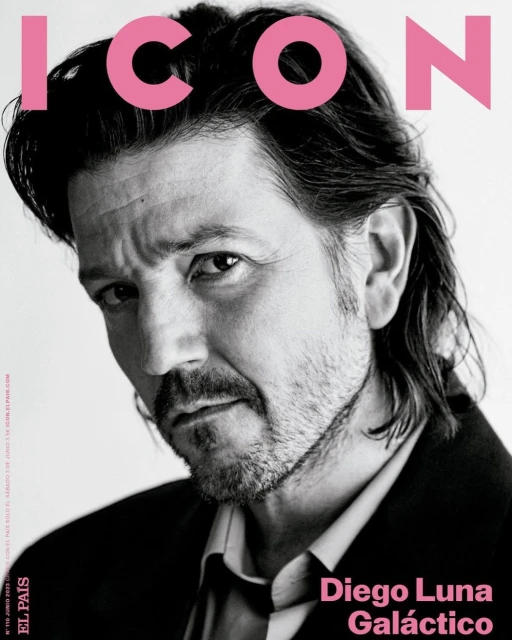 Headshot of Diego Luna on magazine cover with ICON and EL PAÍS logos; the portrait is in black and white and features pink text.