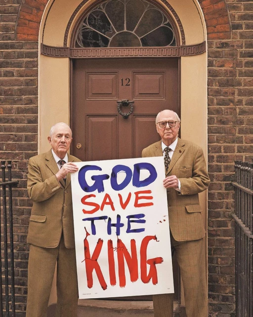 Two elderly men in tweed suits stand before a brown door, holding a sign reading 'God Save the King' in bold red and blue letters.
