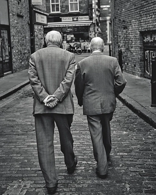 Black and white photo of two elderly men walking down a cobblestone street lined with brick buildings in an urban setting.