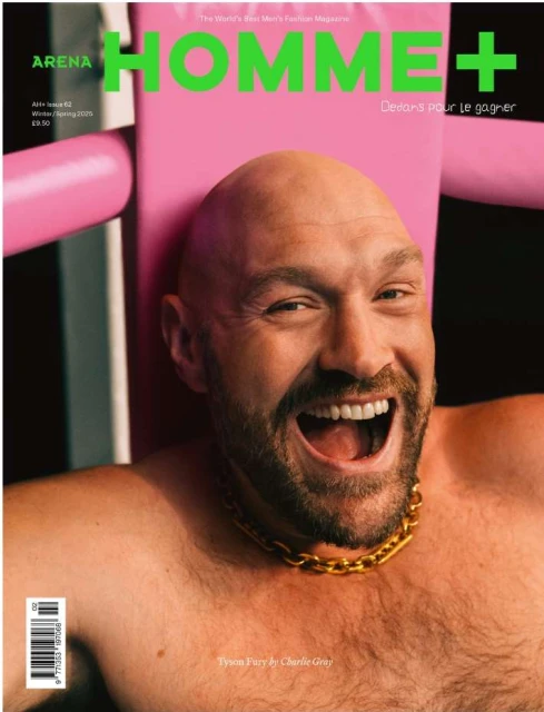 Magazine cover featuring a shirtless Tyson Fury with a gold chain, bright green text, and a pink chair in the background.