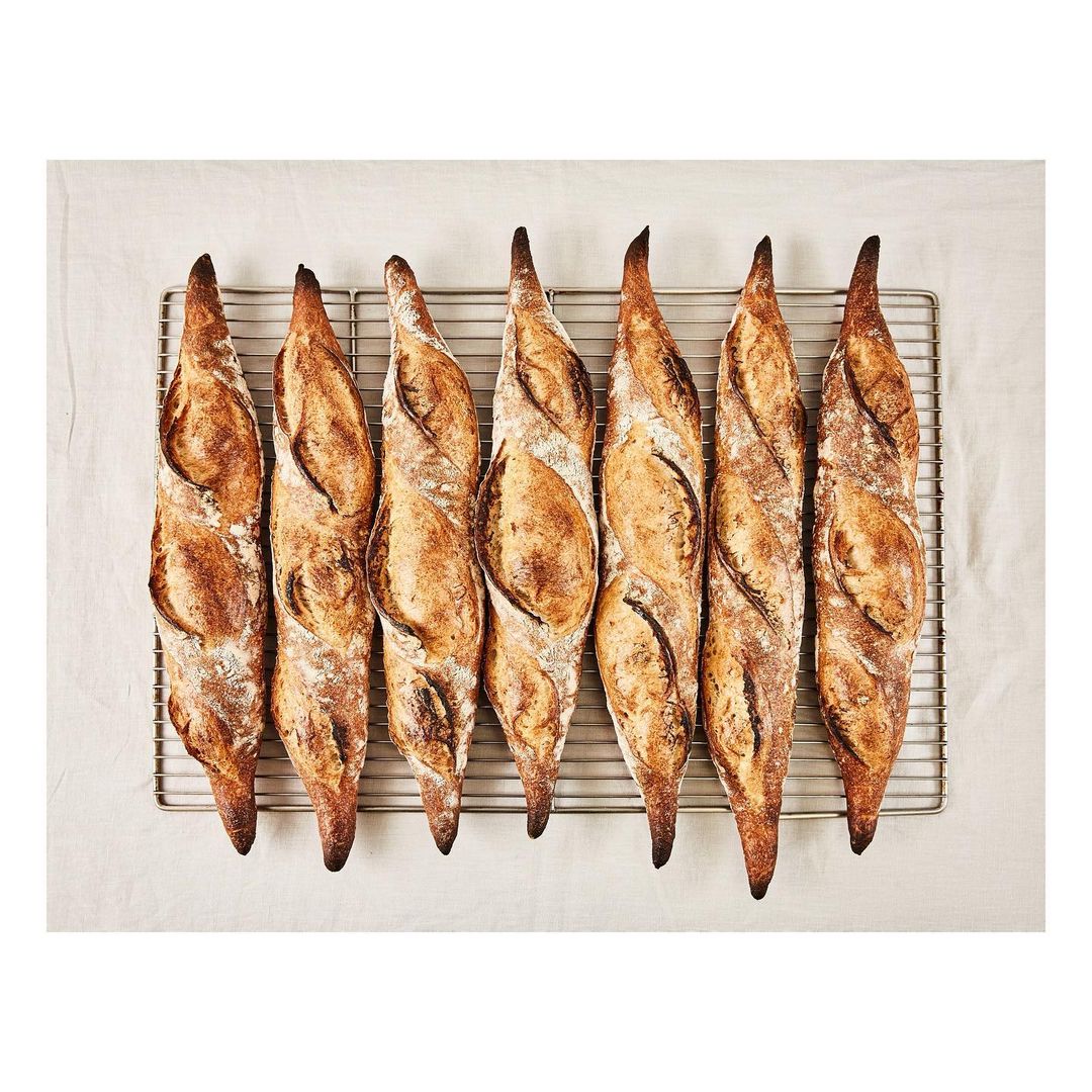 Overhead shot of seven crusty golden-brown baguettes aligned on a metal cooling rack, set against a light beige background, showcasing rustic bakery.