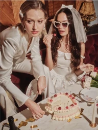 Two women in white outfits seated at a table cutting a heart-shaped cherry cake in a vintage-styled interior by Charlie Mckay.