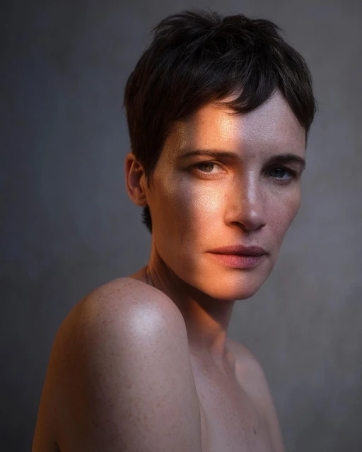 Portrait of a woman with short brown hair in neutral pose, with golden sunlight falling across her face against a grey background.