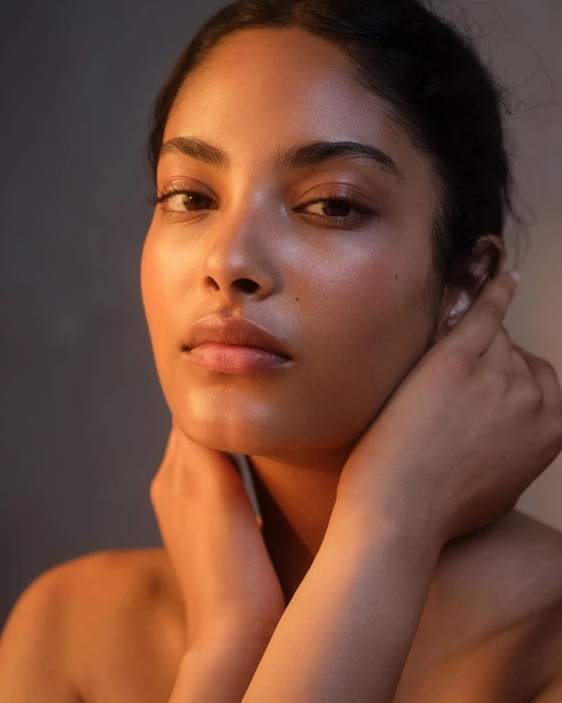 Portrait of a young woman with dark hair, hands on her neck, warm skin tone, shot in natural light against a grey background.