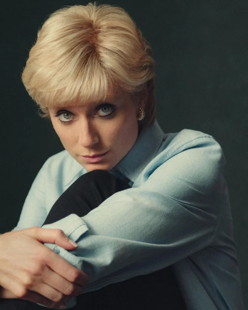 Portrait of an adult woman with blond hair, wearing a light blue shirt, embracing her knees indoors with a dark background.