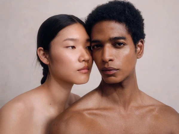 Portrait of a stylish couple with dark hair and light skin posing in front of a plain neutral wall in a beauty or fashion style shot.