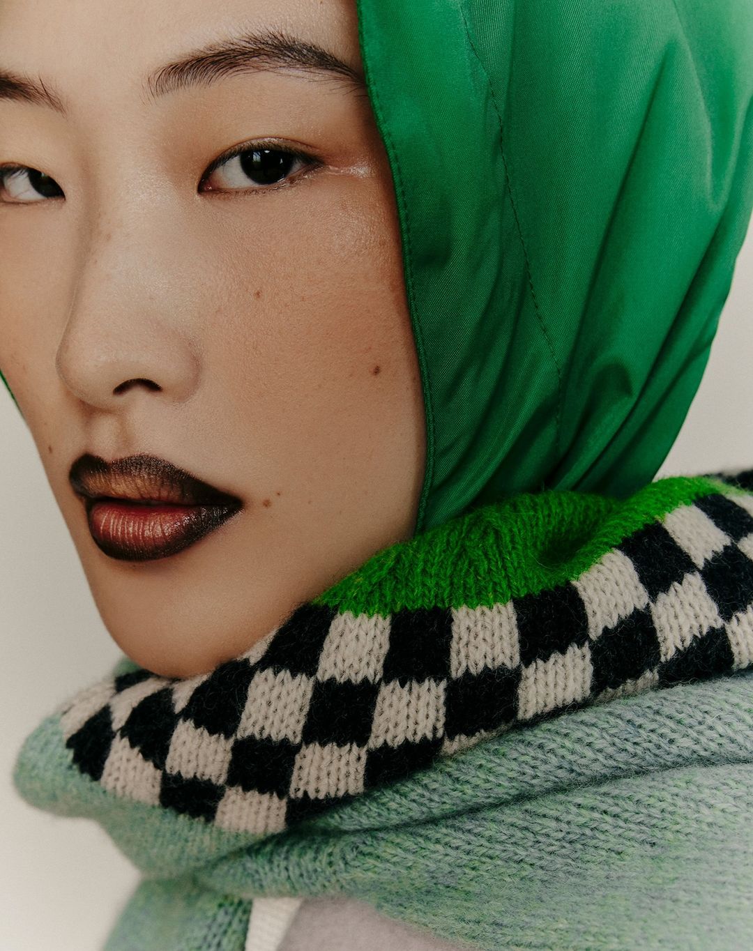 Close-up of a woman with fair skin, wearing a green hooded head covering, black and silver lipstick, and a checkered knit scarf.