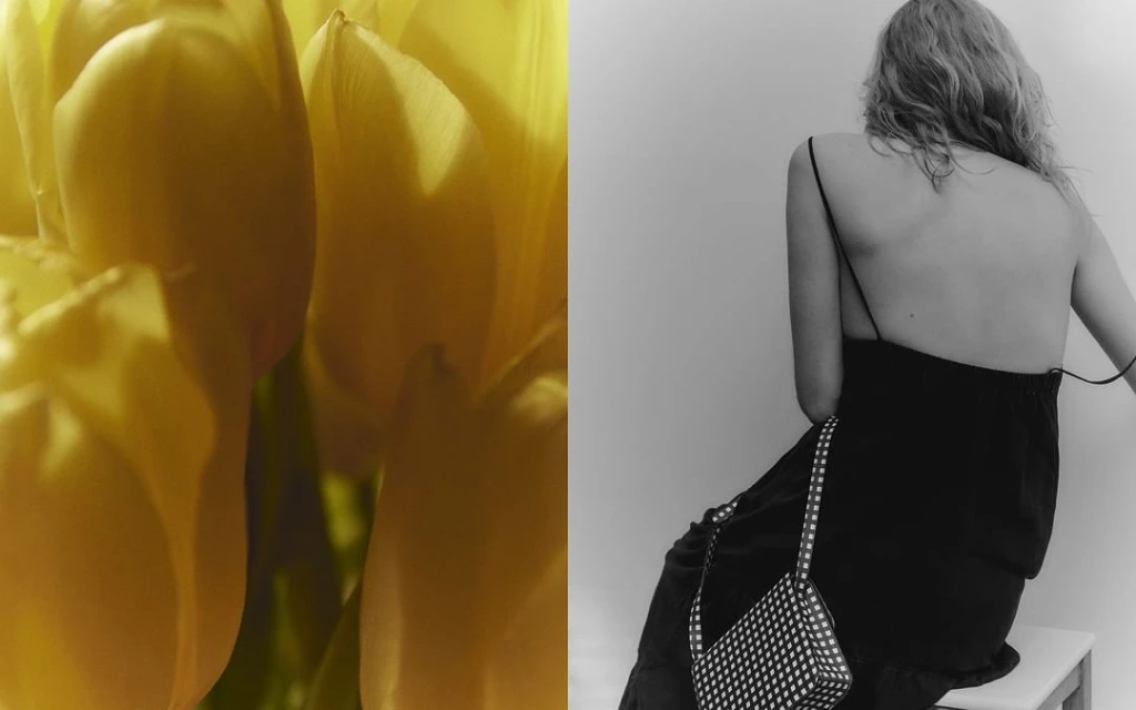 Monochromatic split-screen image of bright yellow tulips and a woman in a black dress and polka-dot bag, sitting on a stool.
