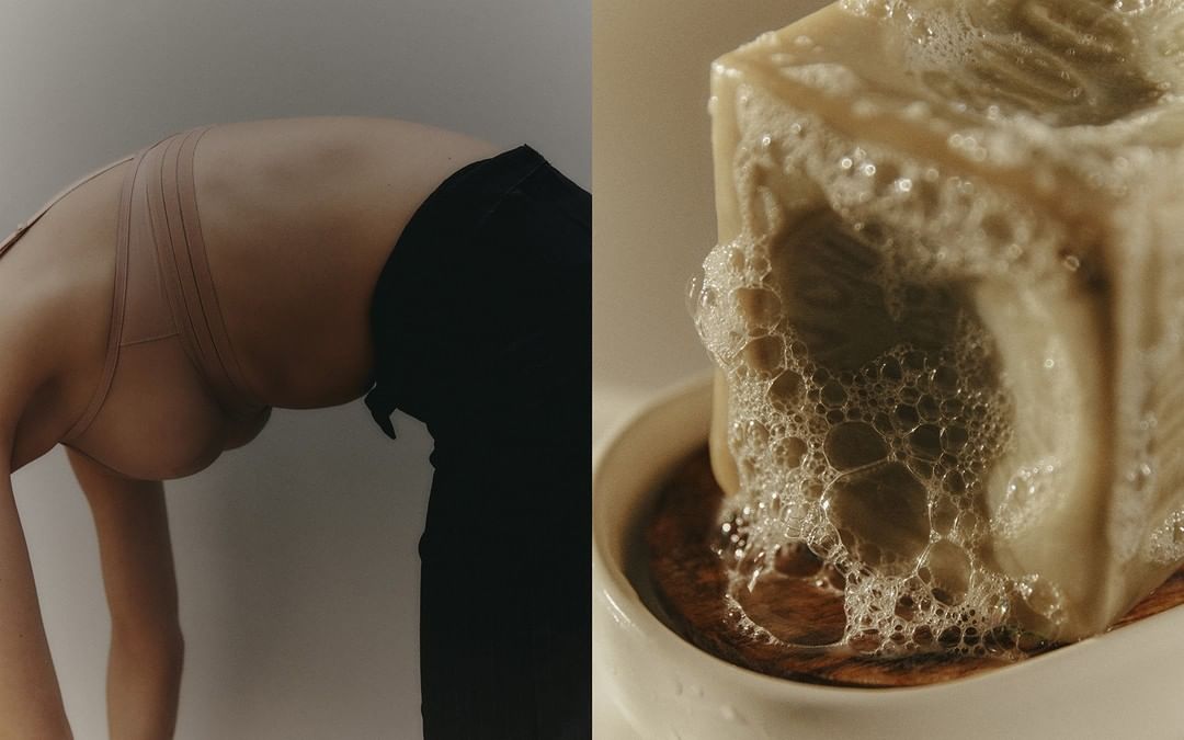 Split-screen image: woman in underwear bends backward, contrasting with a cube of soap covered in bubbles on a soap dish.