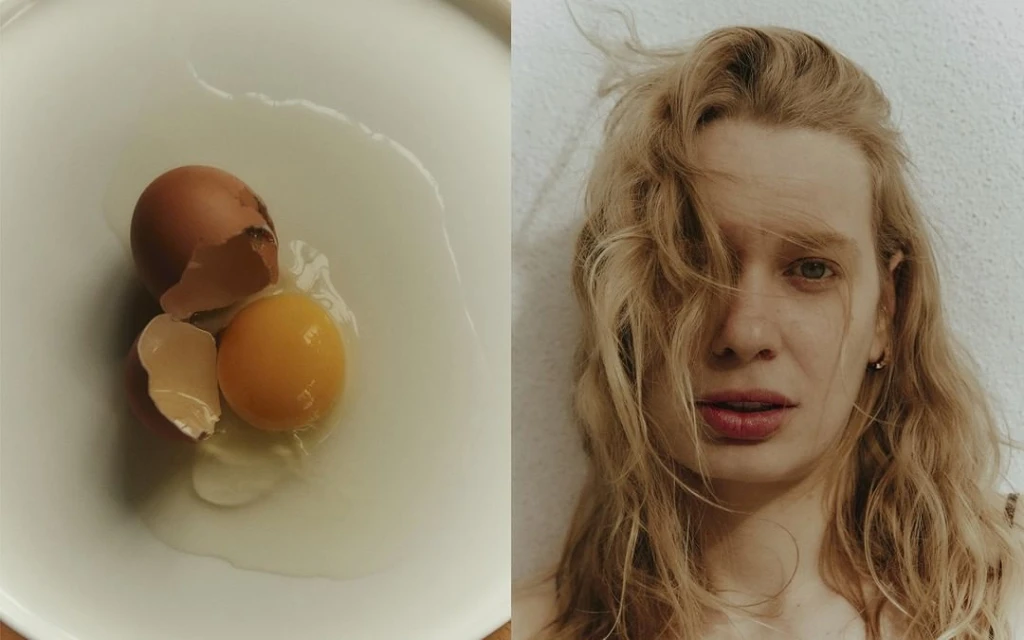 Studio portrait featuring an adult woman with wavy blonde hair and an egg cracked into a white bowl, split diptych.