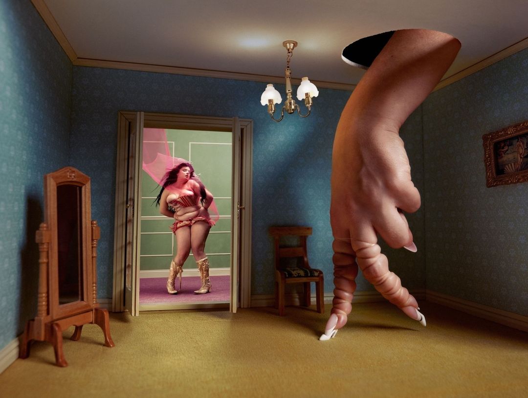 Surreal interior scene: a woman in gladiator attire in doorway, hand as architectural element, and vintage-style furniture.