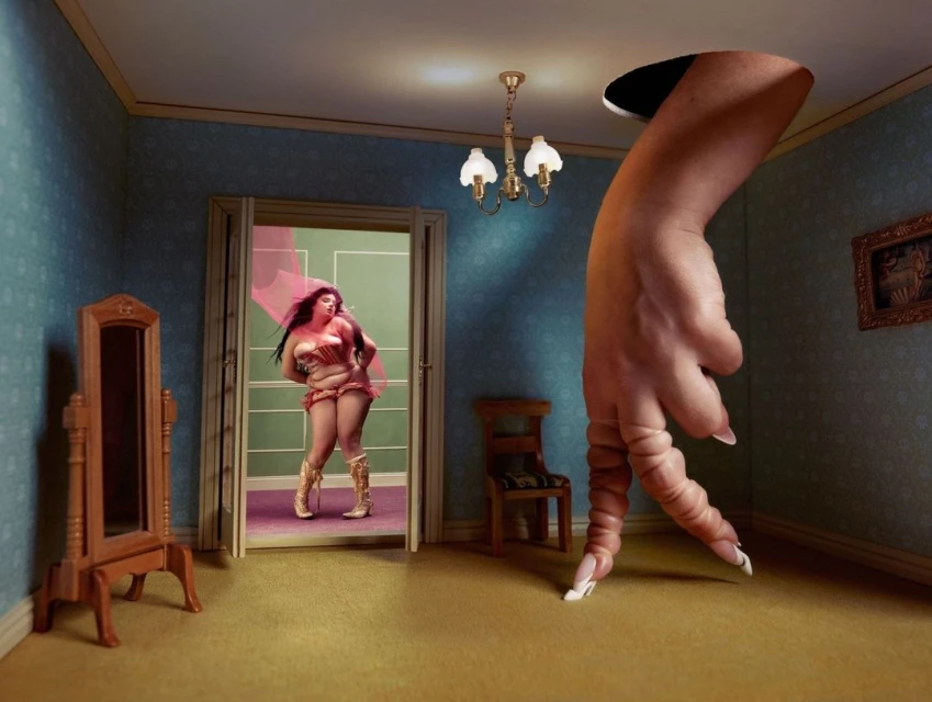 Surreal interior scene: a woman in gladiator attire in doorway, hand as architectural element, and vintage-style furniture.