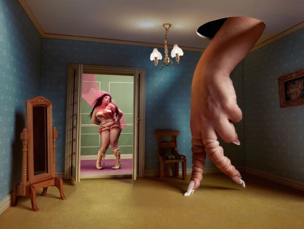 Surreal interior scene: a woman in gladiator attire in doorway, hand as architectural element, and vintage-style furniture.