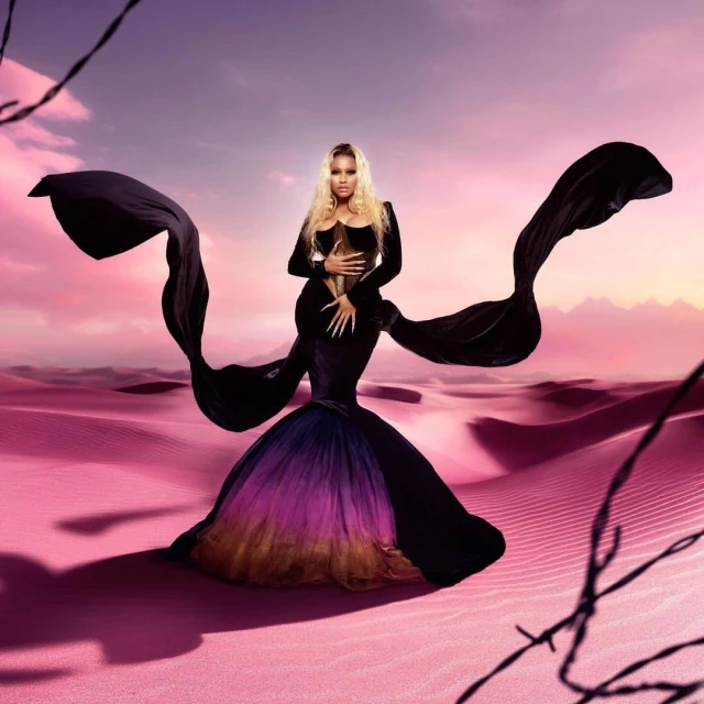 A woman with blonde hair wearing a flowing black dress stands in a desert landscape at sunrise, exuding elegance and glamour.