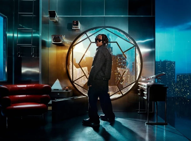 Stylish man in a jacket and sunglasses stands in a modern, high-tech studio with a cityscape view, complemented by a red chair.