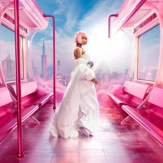 Nicki Minaj in a pink bob wig, wearing a white dress and coat, standing inside of a pink subway car, cityscape background, studio shot.