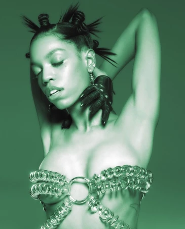 Portrait of a woman with braided hair buns wearing a clear glass body harness and black gloves against a green background