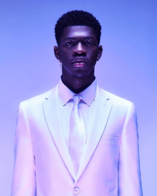 Close-up portrait of a young Black male in a white suit and tie, earrings, against a soft blue and purple gradient background.