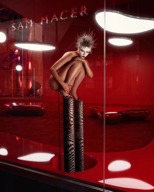 Artistic view of a slender woman with striking makeup in a crouching pose, her unique hair and red backdrop adding to visual appeal.