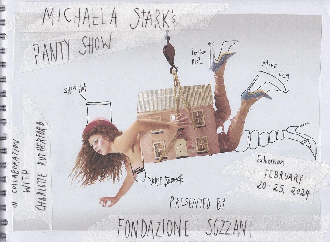 Collage art featuring a woman, dollhouse, and surreal elements, presenting an exhibition by Fondazione Sozzani in February 2024.