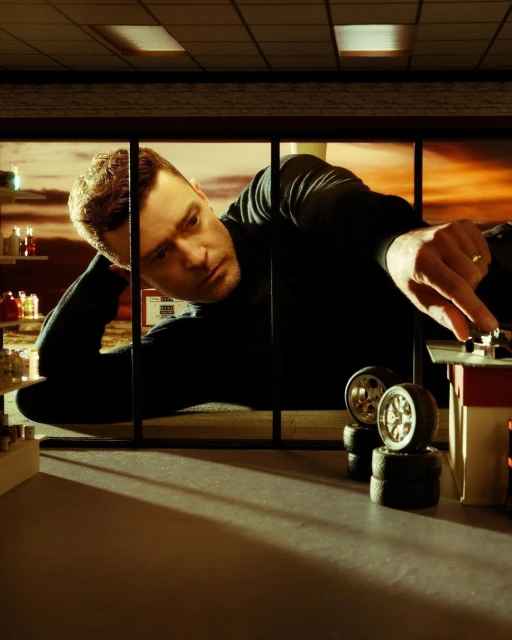 Adult male in a black long-sleeve shirt leans on a table in front of a miniature cityscape with a sunset backdrop indoors.