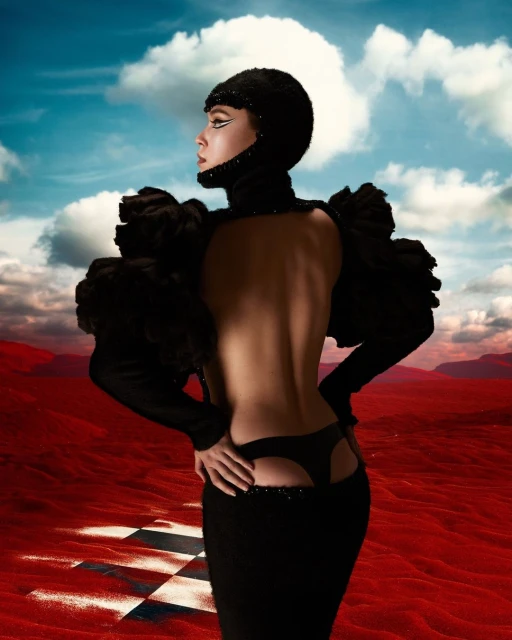 A woman in a black, backless dress stands in a red desert with a checkerboard pattern on the ground under a cloudy sky.