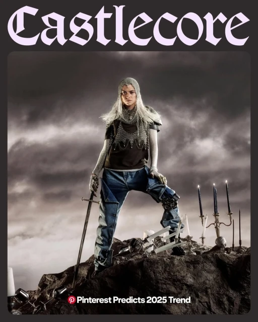 A woman in medieval-inspired armor and modern clothing poses with a sword on rocky ground, against a stormy sky, showcasing 'Castlecore' trend.