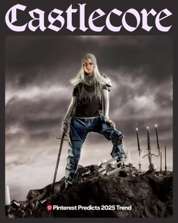 A woman in medieval-inspired armor and modern clothing poses with a sword on rocky ground, against a stormy sky, showcasing 'Castlecore' trend.