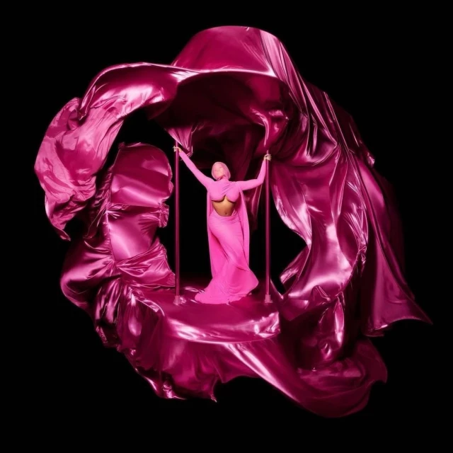 Woman in a pink dress poses near vertical bars under draped pink fabric against a black backdrop, creating an eye-catching, surreal portrait.