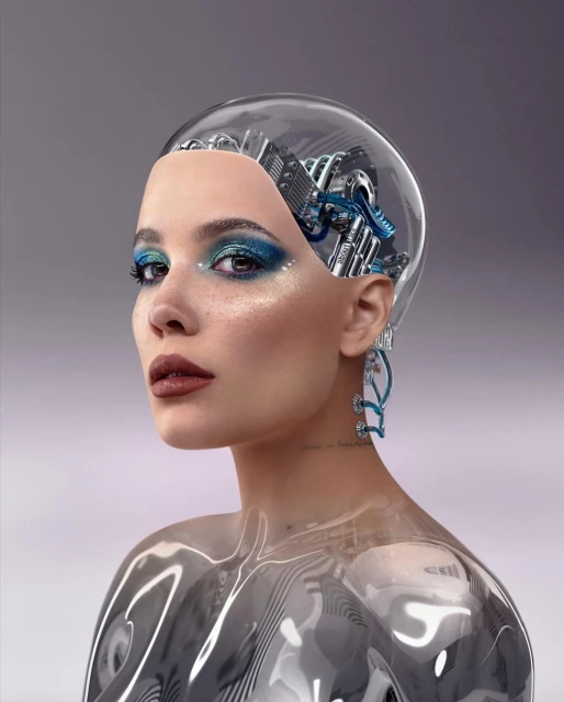 Glamorous portrait of a woman with a robotic headpiece, wearing makeup and ornate earrings, against a soft, neutral studio backdrop.