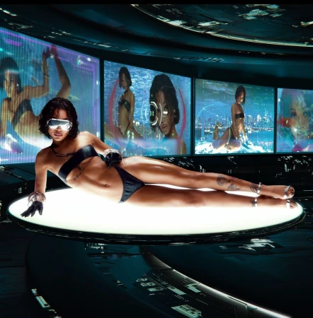 A woman in a black bikini and futuristic visor lounges on a glowing platform, with digital screens displaying similar images in the background.