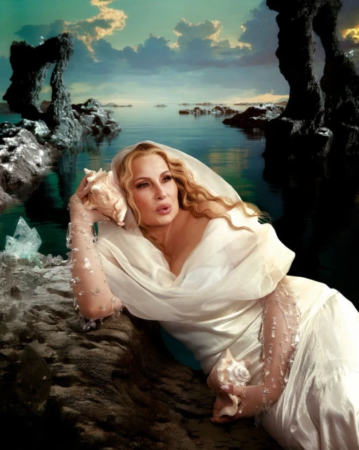 A woman in a white dress lies on a rock by the sea with seashells, under a blue sky with clouds, in a stylized outdoor setting.