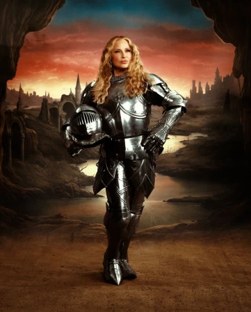 Female knight in silver armor stands with a helmet against a fantasy landscape with a river, castle ruins, and a sunset sky.