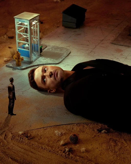 Surreal image of a large adult man lying near a miniature phone booth with a small man standing nearby in an outdoor environment.