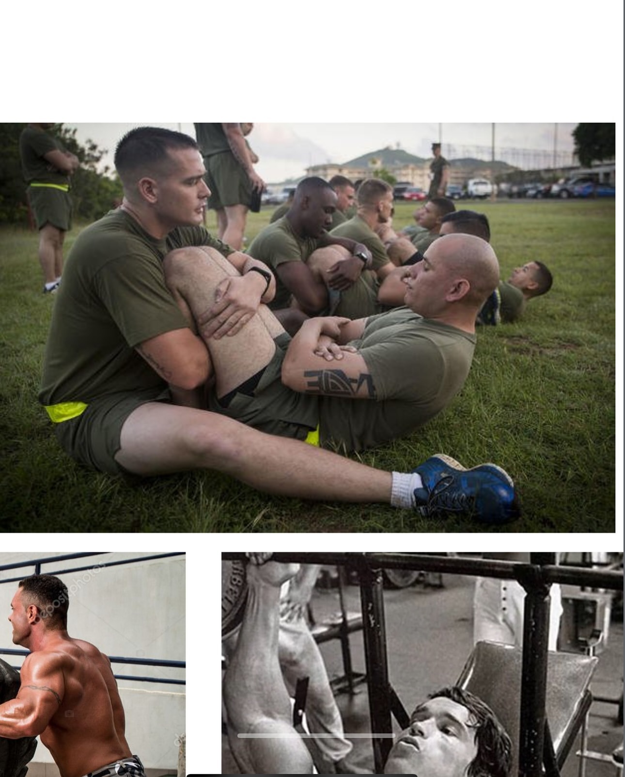 Two adult males doing sit-ups outdoors in a grassy field surrounded by a group of people in green t-shirts, under daylight.