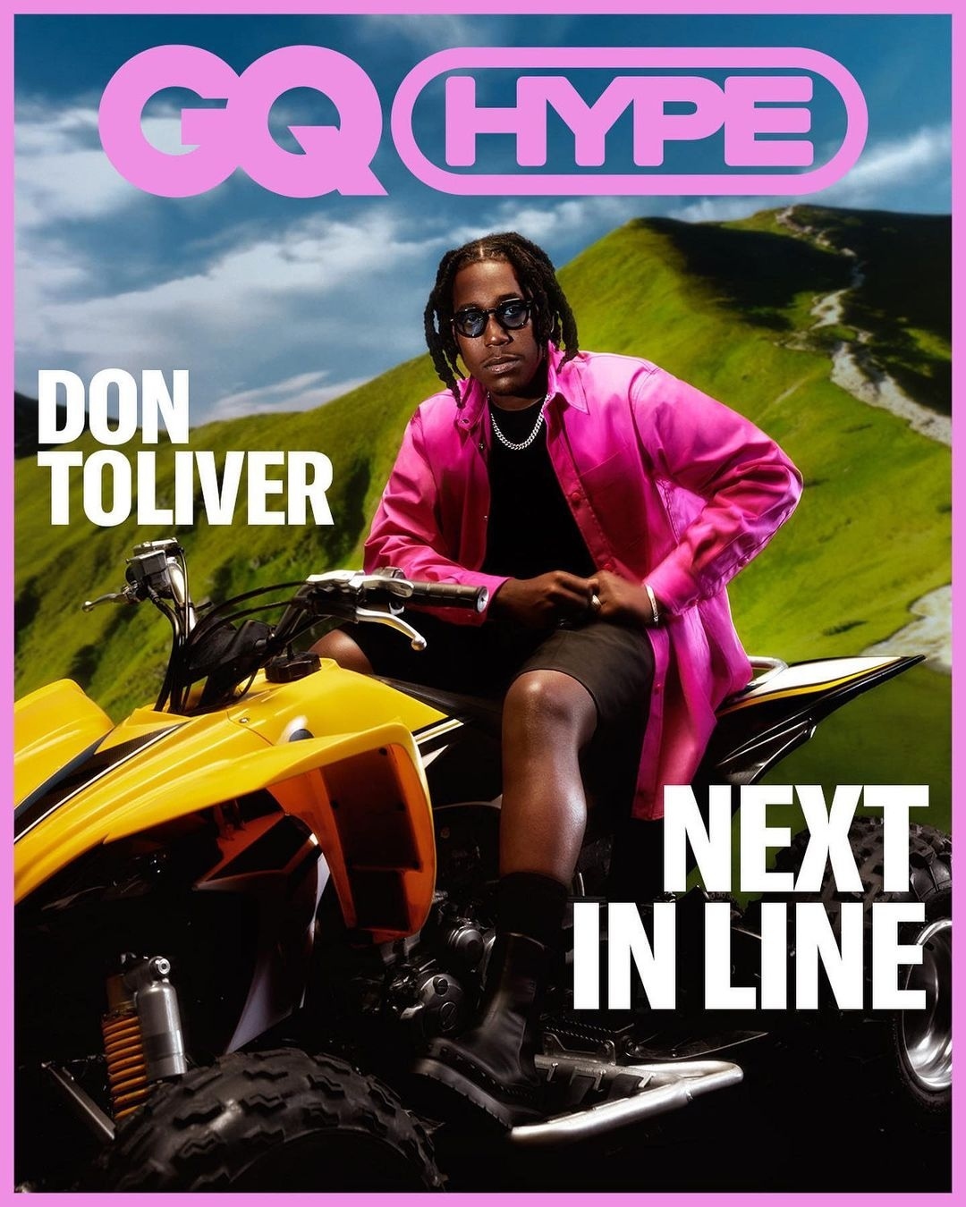 Magazine cover featuring Don Toliver on a yellow ATV against a mountainous backdrop, with 'GQ Hype' and 'Next in Line' text overlays.