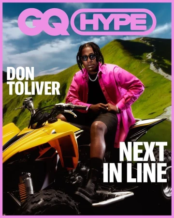 Magazine cover featuring Don Toliver on a yellow ATV against a mountainous backdrop, with 'GQ Hype' and 'Next in Line' text overlays.