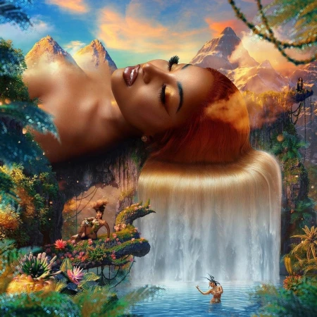 Artistic portrait of woman with waterfall hair and miniature figures in a fantasy landscape featuring mountains, water, and lush vegetation.