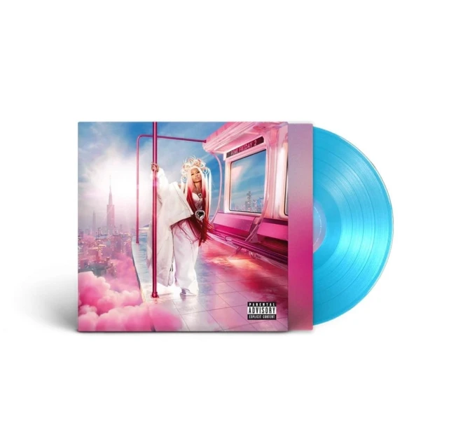 Album cover featuring a woman in white attire on a pink train platform, with a city skyline and a bright blue vinyl record.