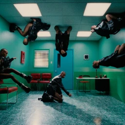Multiple people defying gravity inside a green office with teal walls and patterned flooring photographed by Charlotte Rutherford.