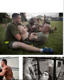 Multiple panels showing military personnel exercising outdoors on grass and bodybuilders training in a gym setting.