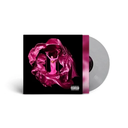 Vinyl record album cover showing a figure draped in vibrant pink satin fabric against a solid black background.
