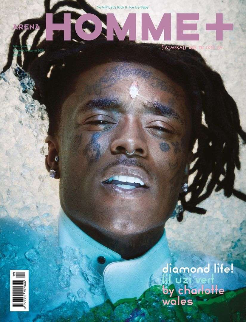 Magazine cover featuring a portrait of Lil Uzi Vert partially submerged in water with a light blue tint and visible magazine text.